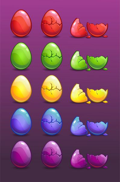 مجموعه ای از تخم مرغ های کامل رنگی ترک خورده و شکسته