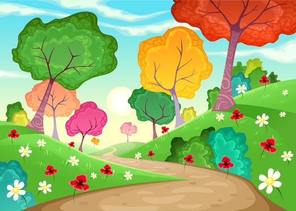 منظره ای با درختان چند رنگ کارتون و وکتور