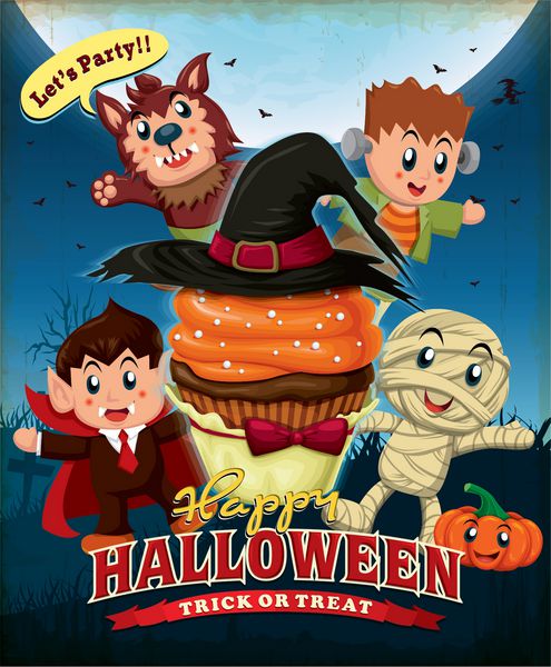 طراحی پوستر هالووین قدیمی با کیک کوچک و بچه ها در لباس