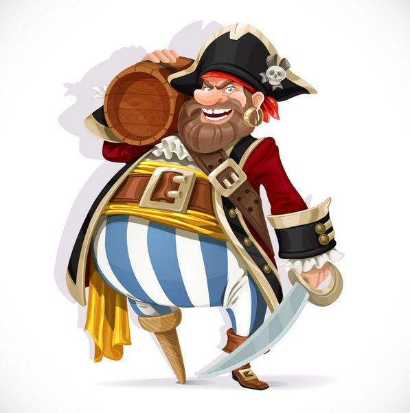 دزد دریایی پیر با پای چوبی که یک بشکه در دست دارد