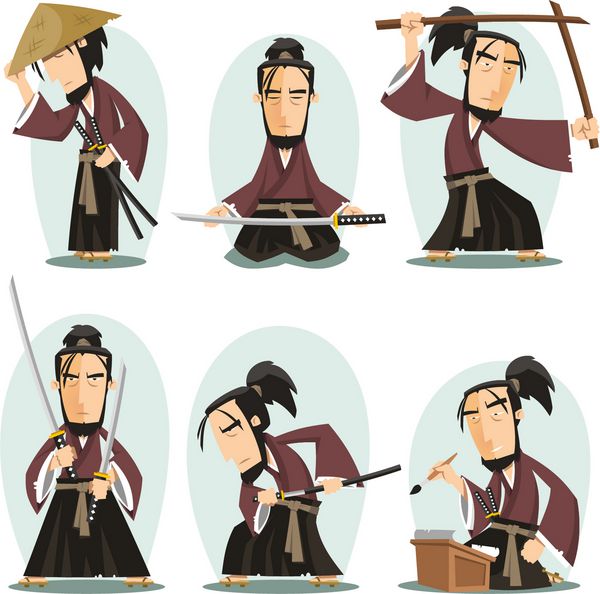 میاموتو موساشی ژاپنی شمشیرزن ساموایی کارتون وکتور