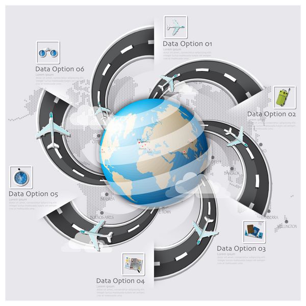 الگوی طراحی اینفوگرافیک تجاری نقشه جهانی سفر و باند فرودگاه جاده و خیابان
