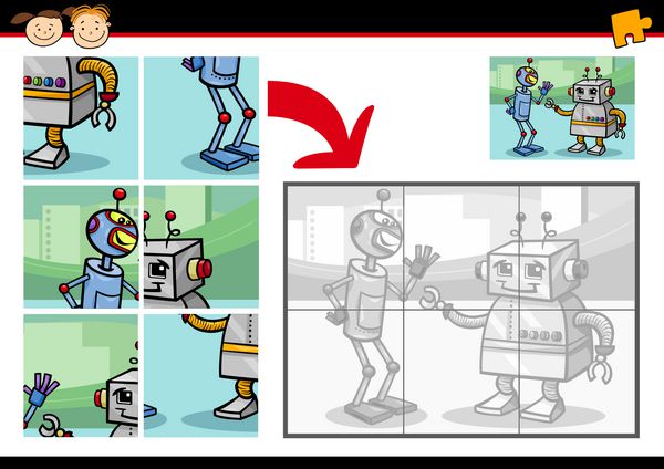 وکتور کارتونی آموزش بازی پازل اره منبت کاری اره مویی برای کودکان پیش دبستانی با ربات های خنده دار