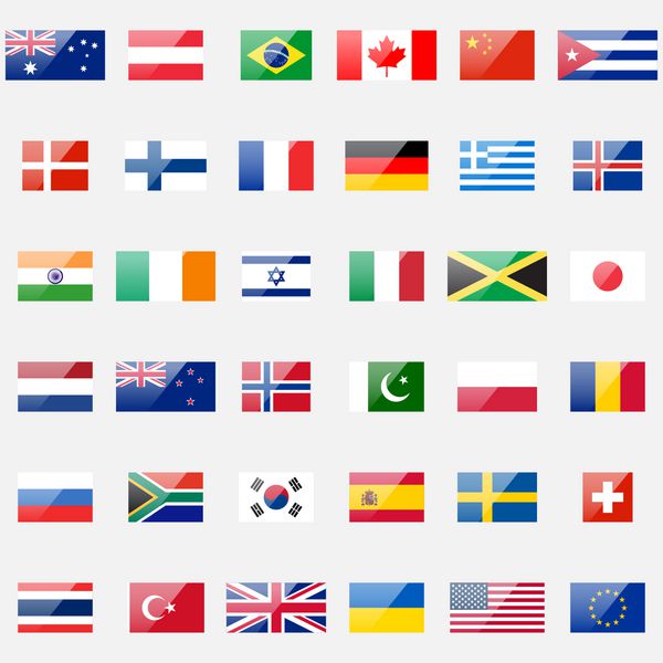 مجموعه وکتور پرچم های جهان 36 آیکون براق دقیق نسبت ها و طرح رنگ صحیح