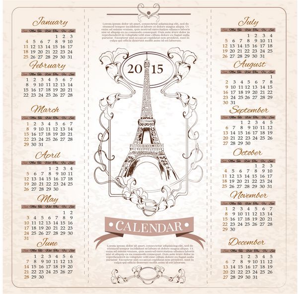 تقویم ماههای رترو برای سال 2015 با طراحی دستی طراحی برج ایفل فرانسه در وکتور الگو