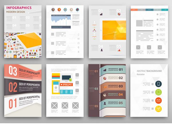 مجموعه ای از بروشور قالب های طراحی بروشور پس زمینه های مدرن انتزاعی مثلثی هندسی مفهوم اینفوگرافیک فناوری‌های موبایل اپلیکیشن‌ها و خدمات آنلاین