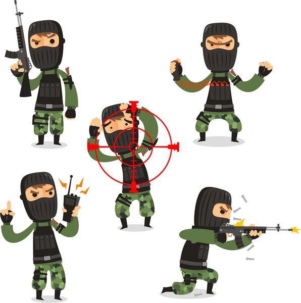 ست تروریستی با اسلحه ماسک و وکتور لباس استتار