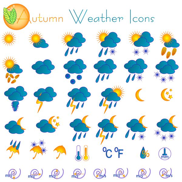 نمادهای آب و هوای پاییزی در رنگ های زرد و آبی وکتور