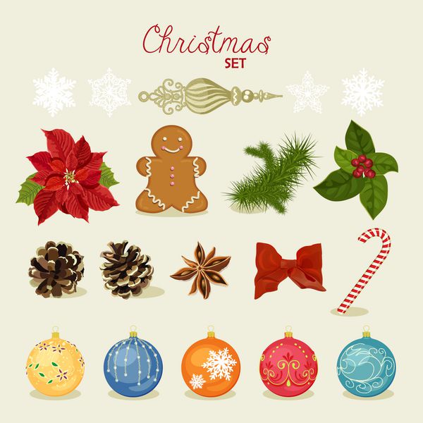 مجموعه کریسمس با دانه های برف توپ آب نبات کمان مرد شیرینی زنجفیلی مخروط صنوبر توت قرمز وکتور سال نو