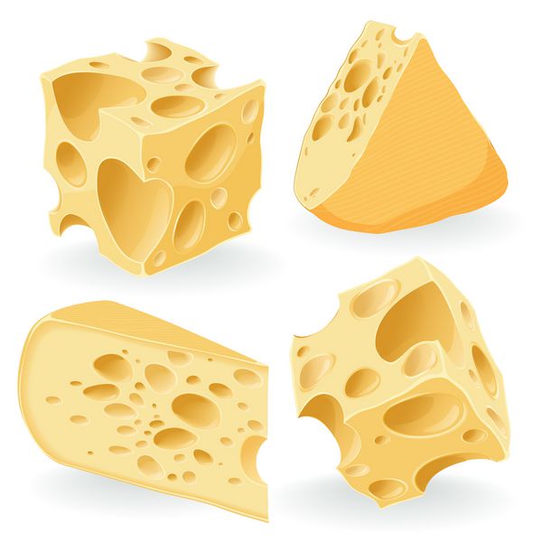 تکه های پنیر و مکعب های پنیر روی سفید بردار