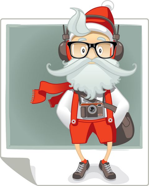 کارتون بابا نوئل به سبک هیپستر - وکتور کارتون بابا نوئل در لباس هیپستر شیک با عینک دوربین و هدفون نوع فایل وکتور eps ai8 سازگار