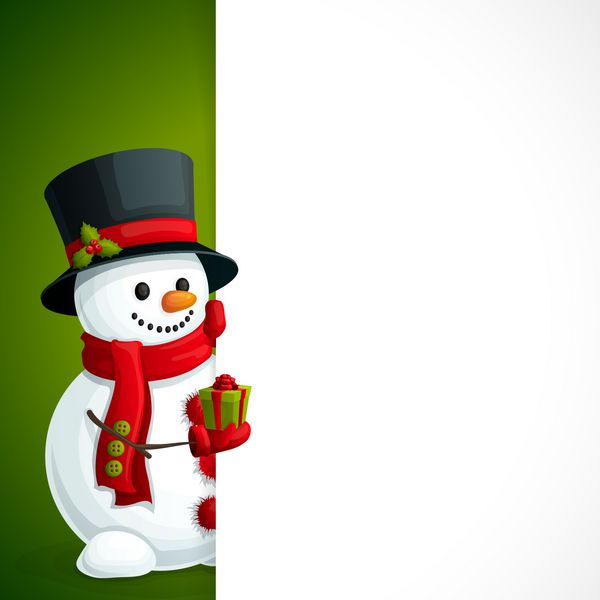 الگوی بروشور سال نو کریسمس با آدم برفی در دستکش روسری و کلاه با جعبه هدیه در دست وکتور وکتور
