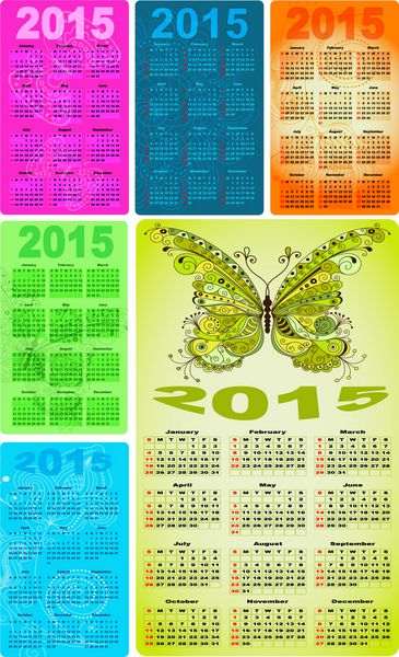 تنظیم تقویم های جیبی رنگارنگ برای سال 2015 با الگوی قدیمی و پروانه ها وکتور 