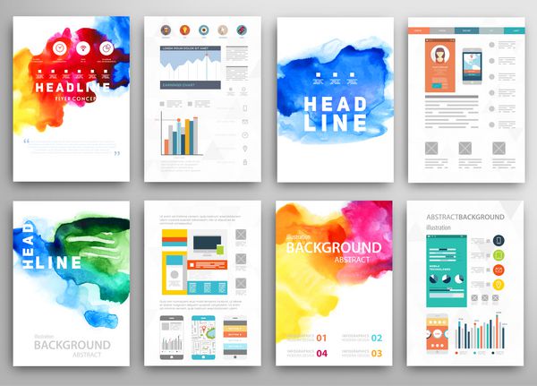 مجموعه ای از قالب های وکتور پوستر با رنگ آبرنگ پس زمینه انتزاعی برای اسناد تجاری آگهی ها پوسترها و پلاکاردها