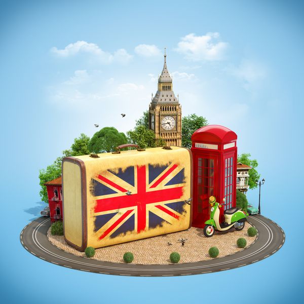 چمدان قدیمی با پرچم بریتانیا بیگ بن و باجه تلفن قرمز روی یک مربع مفهوم سفر unus