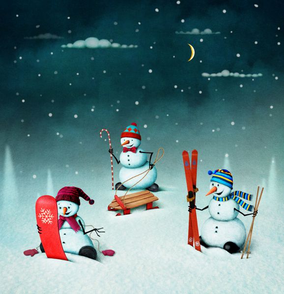 تصویر کریسمس با آدم برفی و عناصر ورزشی