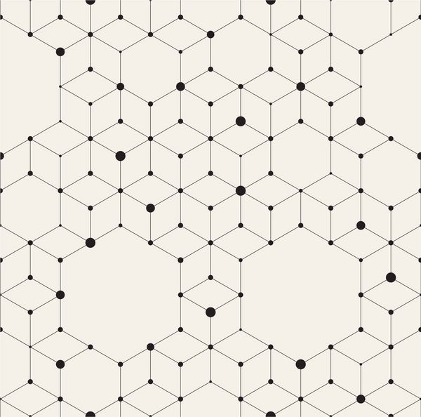 الگوی بدون درز وکتور بافت شیک مدرن تکرار پس زمینه هندسی با لوزی و گره از لوزی ها و شش ضلعی ها با دایره هایی با اندازه های مختلف در گره ها