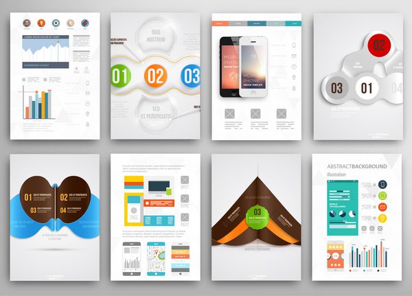 مجموعه ای از بروشور قالب های طراحی بروشور پس زمینه های مدرن انتزاعی مثلثی هندسی مفهوم اینفوگرافیک فناوری‌های موبایل اپلیکیشن‌ها و خدمات آنلاین