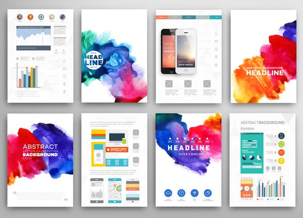 مجموعه ای از قالب های وکتور پوستر با رنگ آبرنگ پس زمینه آکواریل انتزاعی برای آگهی های تجاری پوسترها و پلاکاردها مفهوم فناوری های تلفن همراه آیکون های وب و اینفوگرافیک به سبک مسطح