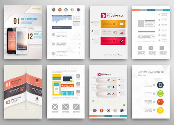 مجموعه ای از بروشور قالب های طراحی بروشور پس زمینه های مدرن انتزاعی مثلثی هندسی مفهوم اینفوگرافیک فناوری‌های موبایل اپلیکیشن‌ها و خدمات آنلاین