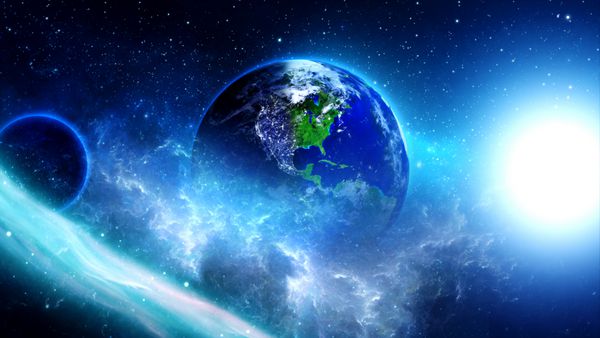 سیاره زمین با خورشید در کیهان یا sp زمین و کهکشان در یک ابر سحابی عناصر این تصویر سه بعدی ارائه شده توسط ناسا