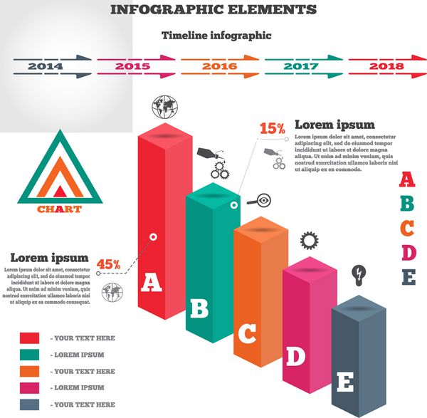 عناصر اینفوگرافیک نمودار ستونی سه بعدی داده با نمادها گزینه های مرحله کسب و کار نمودار جامد منشوری و جدول زمانی بنر تخت رنگی مدرن با پنج گزینه وکتور