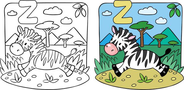 تصویر رنگ آمیزی یا کتاب رنگ آمیزی گورخرهای بامزه کوچولو که در ساوانا اجرا می شود الفبای z