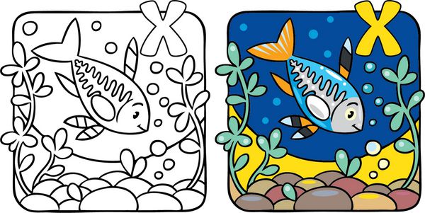 تصویر رنگ آمیزی یا کتاب رنگ آمیزی ماهی خنده دار با اشعه ایکس در دریا نزدیک بستر دریا الفبای x