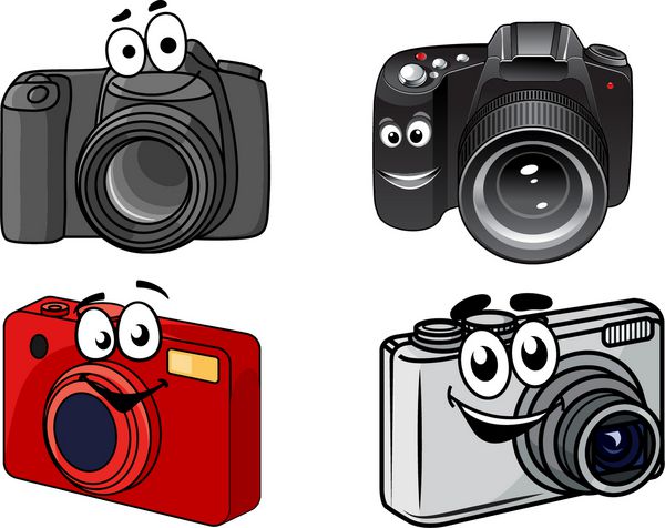 دوربین های دیجیتال کارتونی نمایش نقطه و عکاسی dslr فشرده و حرفه ای با fs خندان وکتور روی سفید