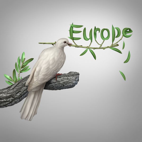 مفهوم درگیری اروپا و بحران دیپلماتیک به عنوان یک کبوتر سفید که شاخه زیتون را با برگ هایی که به شکل متنی به شکل متن به عنوان نماد امید و خطر برای pee در دست گرفته و راه حلی دلخراش با مذاکره پیدا می کند