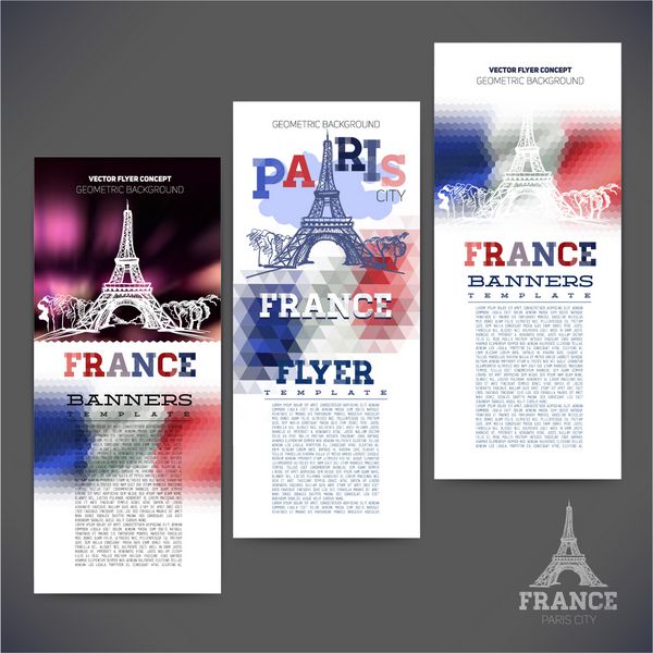 پس زمینه هندسی انتزاعی پرچم فرانسه با تصویر طرحی پاریس برج ایفل طراحی بنر تراکت بروشور بروشور