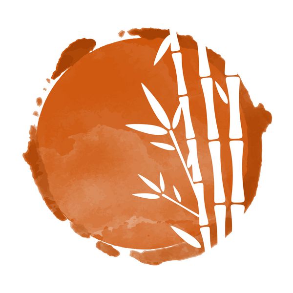 رنگ دایره قهوه آبرنگ و سایه های درختان بامبو سفید تمبر نماد جدا شده در پس زمینه سفید هنر انتزاعی طراحی لوگو
