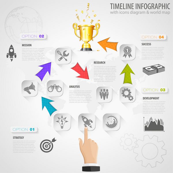 اینفوگرافیک جدول زمانی کسب و کار با فلش ها دکمه های کاغذی نمادها دست جایزه طلا و گزینه های شماره قالب وکتور