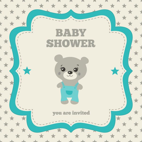 دعوت نامه حمام نوزاد الگو رنگ های خاکستری آبی و کرم تصویر خرس عروسکی کوچک قاب قدیمی روی الگوی ستاره ای شکل