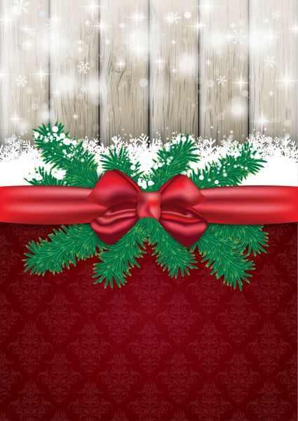 کارت کریسمس با روبان قرمز برف شاخه ها و چراغ های روی پس زمینه چوبی فایل وکتور