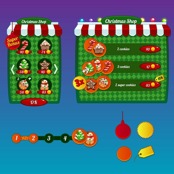 عناصر طراحی رابط بازی فروشگاه تقویت کننده و پیشرفت تم کریسمس