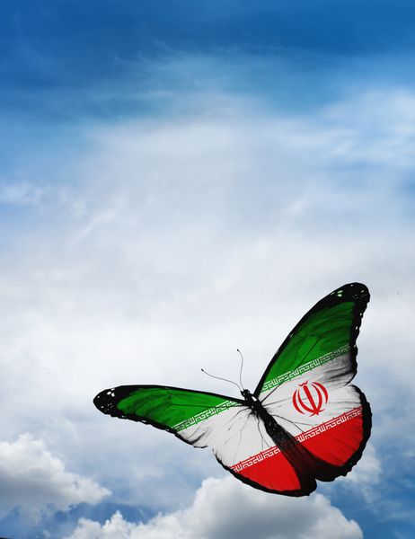 پروانه پرچم ایران در پس زمینه آسمان به اهتزاز در می آید