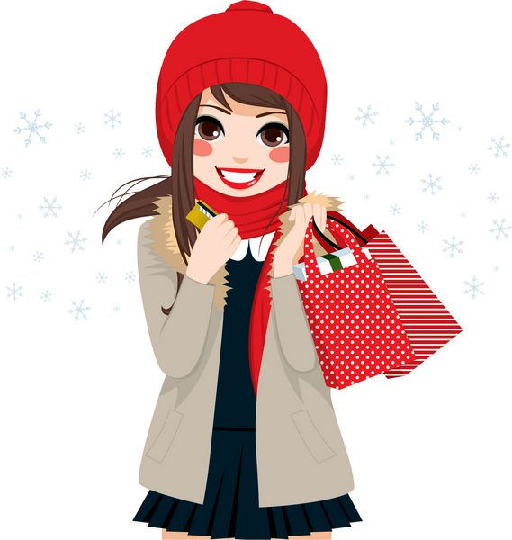دختر زیبای خرید در روز زمستان کریسمس با در دست داشتن کارت اعتباری و کیسه های پر از هدایا و هدایا