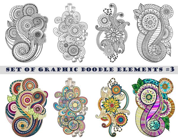 مجموعه ای از حنا پیزلی mehndi doodles انتزاعی وکتور گل عنصر طراحی تصویر نسخه سیاه و سفید به علاوه رنگی