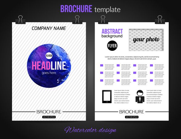 الگوهای بروشور لوازم التحریر تجاری شرکتی طراحی آبرنگ پس زمینه مدرن بروشور پشت و جلو با pl برای متن و pl برای po وکتور