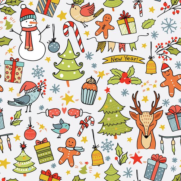 الگوی بدون درز کریسمس کارتونی با پرندگان درختان گوزن ها جعبه های هدیه و عناصر دیگر الگوی بدون درز را می توان برای تصاویر پس زمینه پس زمینه صفحه وب استفاده کرد