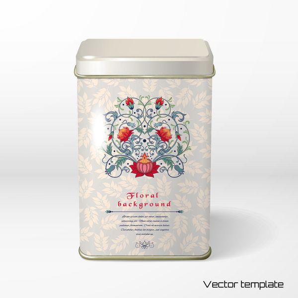 جسم وکتور بسته بندی قلع مربع چای قهوه محصولات خشک الگوی گل و حاشیه گل های فانتزی تزئینات ظریف با برگ لطفا برای متن شما