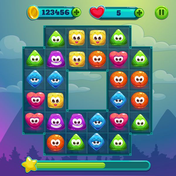 پنجره بازی رابط بازی با صفحه بازی کاراکترهای ساده و زیبا با رنگ ها و احساسات مختلف xp سکه ها و زندگی ها با دکمه افزودن دکمه مکث