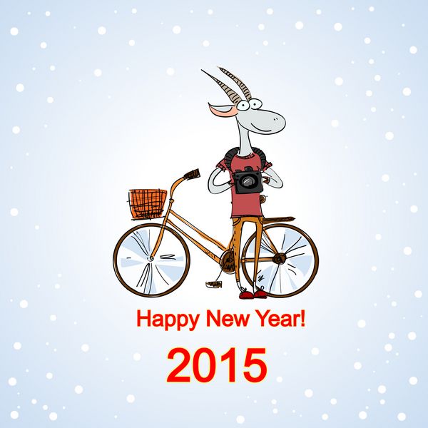 بز سرگرم‌کننده دست‌کش شده با لباس مجلسی با دوچرخه و دوربین کارت کریسمس
