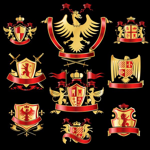 برچسب‌های تزئینی نشان هرالدیک ست طلایی و قرمز با تاج سلطنتی و وکتور جدا شده از حیوانات