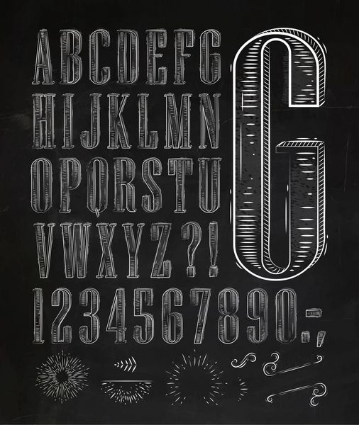 حروف مجموعه فونت قدیمی به سبک رترو الفبای قدیمی روی تخته سیاه