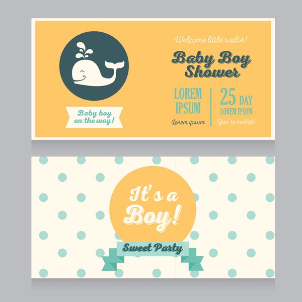 الگوی کارت ورود نوزاد پسر با تزئینات نقطه پولکا و نهنگ زیبا وکتور