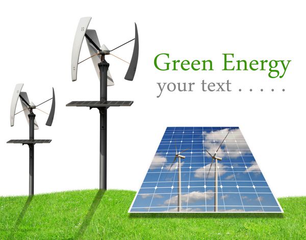 پانل های انرژی خورشیدی و توربین های بادی در پس زمینه سفید مفهوم انرژی سبز