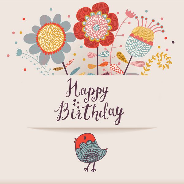 کارت تبریک تولدت مبارک با گل و پرنده دعوت نامه کارتونی مهمانی با عناصر گلدار