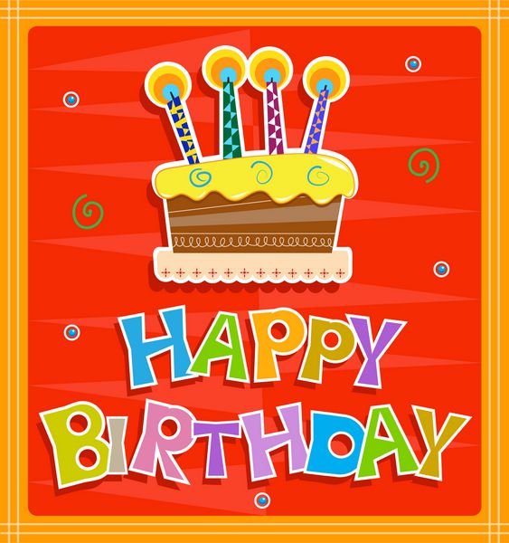 کارت تبریک تولد - طرح کارت تبریک تولد شاد با متن رنگارنگ تولدت مبارک و کیک با شمع